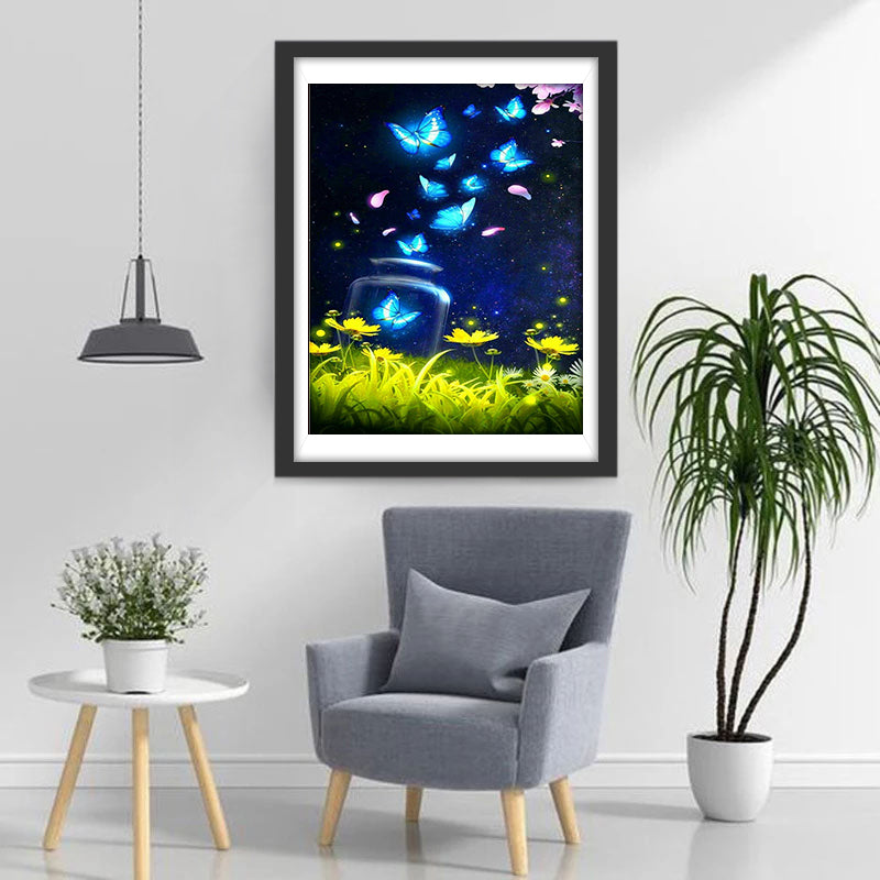 Papillons Bleus et les Herbes Broderie Diamant