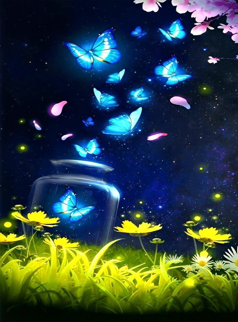 Papillons Bleus et les Herbes Broderie Diamant