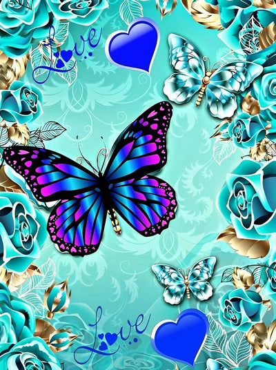 Papillons et Couronne des Roses Bleues Broderie Diamant