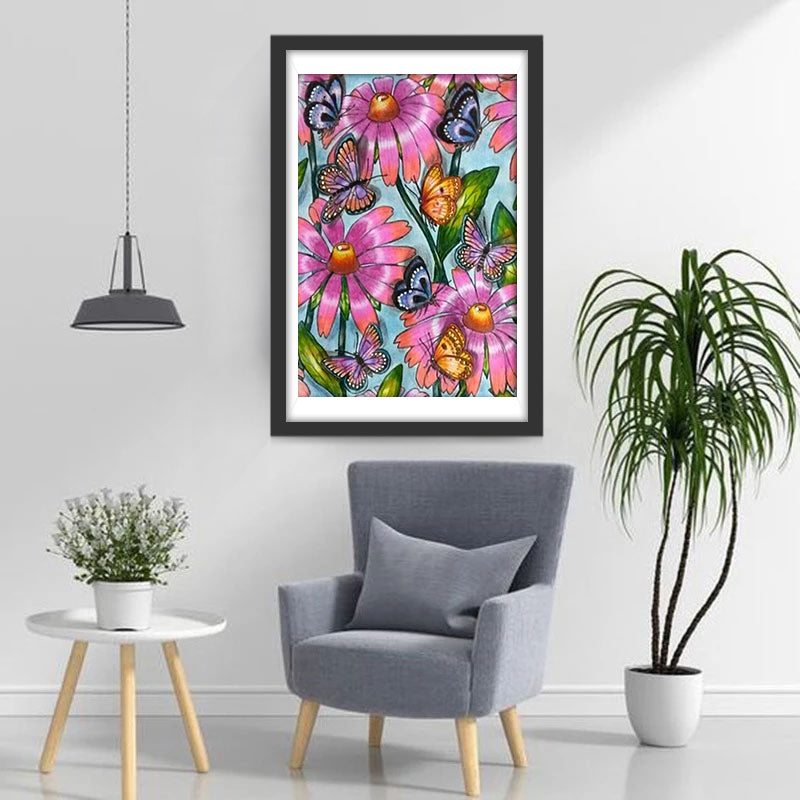 Papillons et Marguerites Roses Broderie Diamant