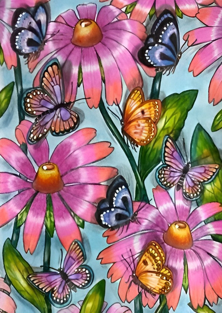 Papillons et Marguerites Roses Broderie Diamant