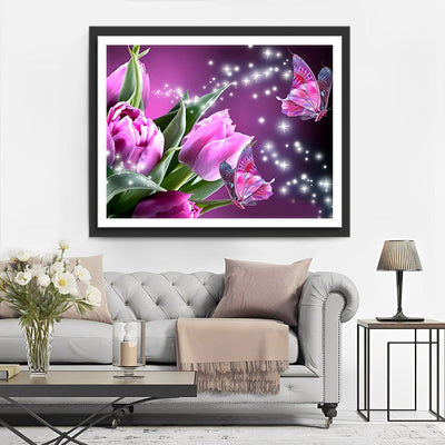 Papillons et Tulipes Roses Broderie Diamant