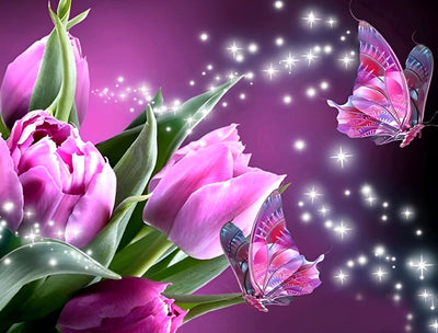Papillons et Tulipes Roses Broderie Diamant