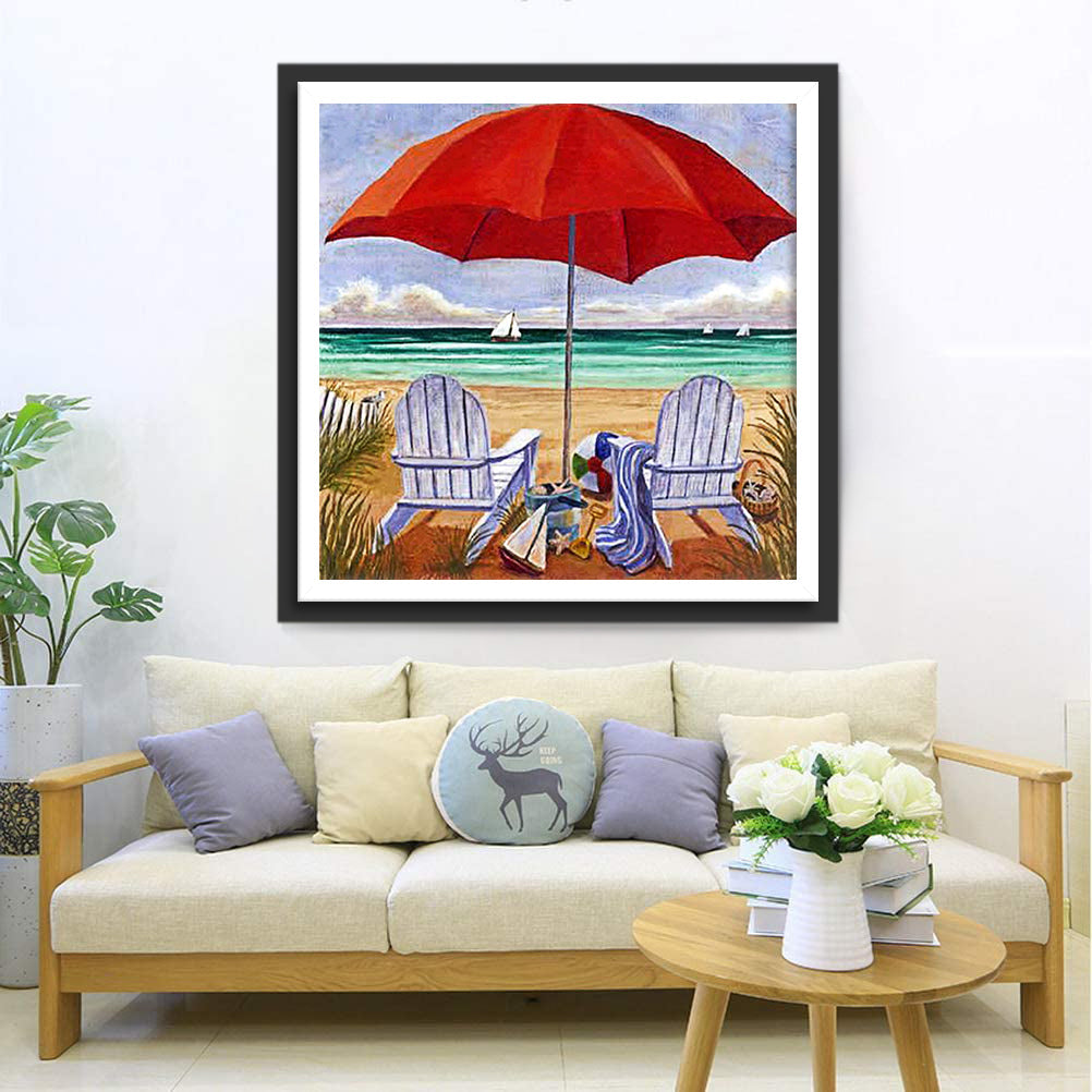 Parasol Rouge sur la Plage Broderie Diamant