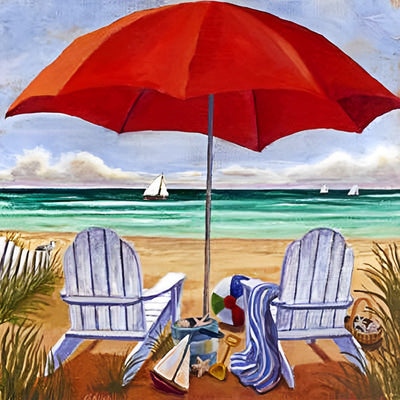 Parasol Rouge sur la Plage Broderie Diamant