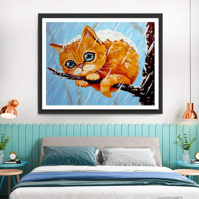 Pauvre Chaton Orange Enroulé dans La Neige Broderie Diamant