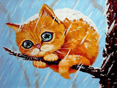 Pauvre Chaton Orange Enroulé dans La Neige Broderie Diamant