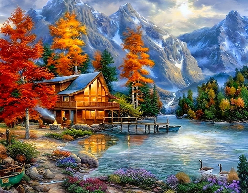 Paysage Automnal entre les Montagnes Broderie Diamant