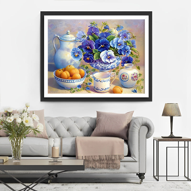 Pensées Bleues et Abricots Broderie Diamant