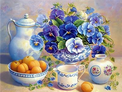 Pensées Bleues et Abricots Broderie Diamant