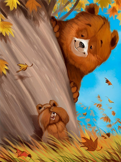 Père et Fils de l'Ours Jouant à Cache-cache Broderie Diamant