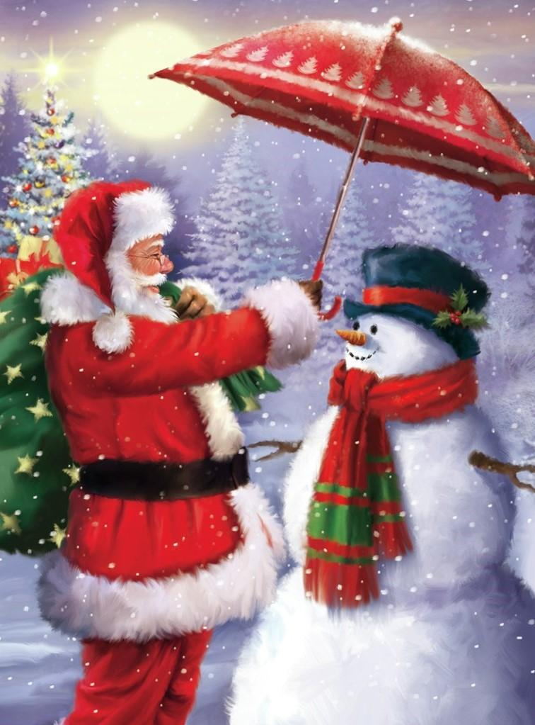 Père Noël avec un Parapluie Rouge Broderie Diamant