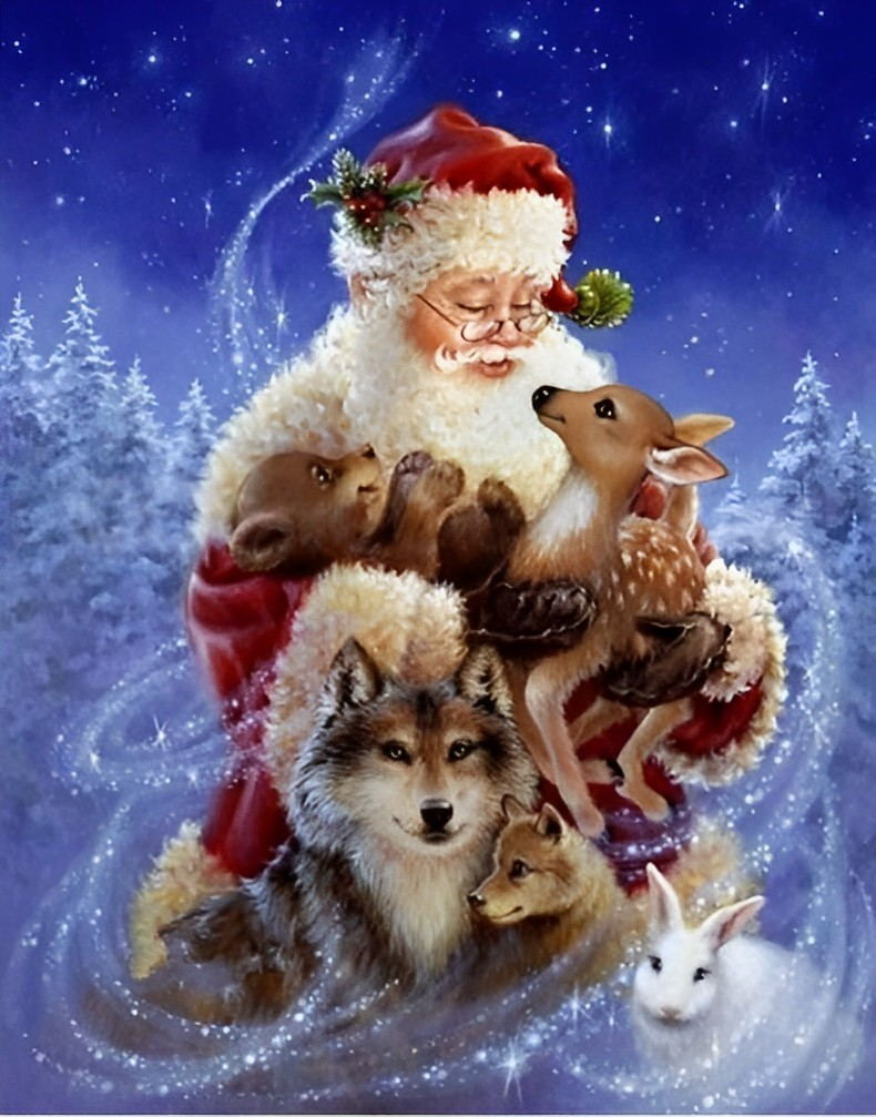 Père Noël Bienveillant et les Animaux Broderie Diamant