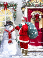 Père Noël Caressant le Bonhomme de Neige Broderie Diamant