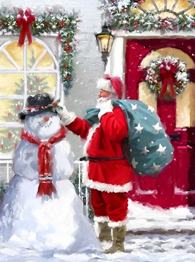 Père Noël Caressant le Bonhomme de Neige Broderie Diamant