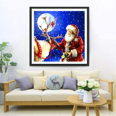 Père Noël Caressant le Renne Broderie Diamant