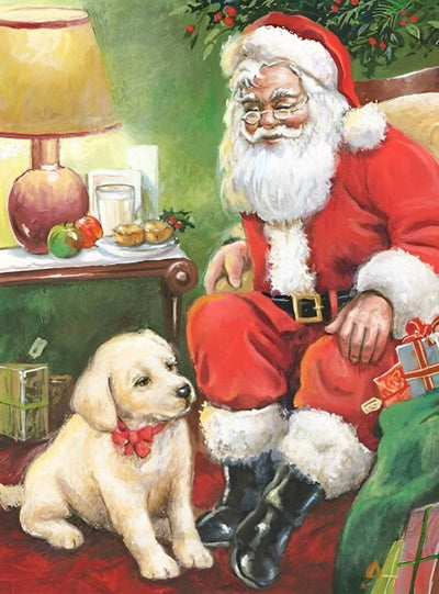 Père Noël, Chiot et Lampe Broderie Diamant