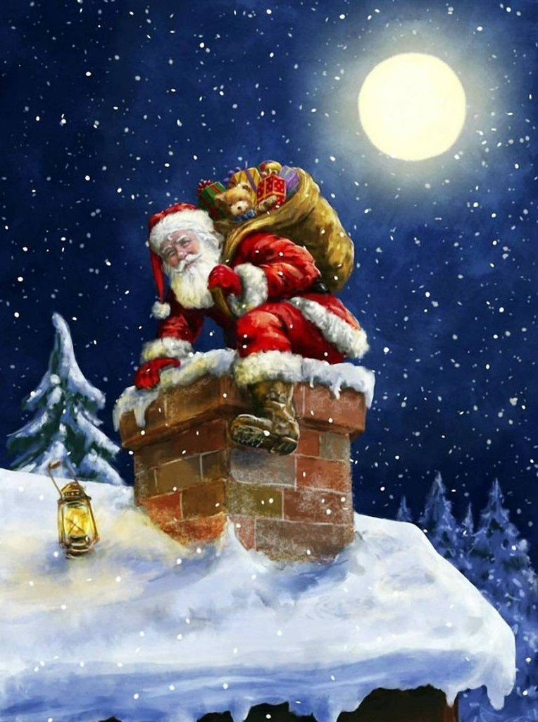 Père Noël Descendant dans la Cheminée Broderie Diamant