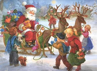 Père Noël Distribuant des Cadeaux et les Enfants Broderie Diamant