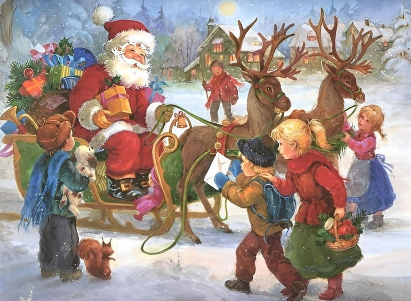 Père Noël Distribuant des Cadeaux et les Enfants Broderie Diamant