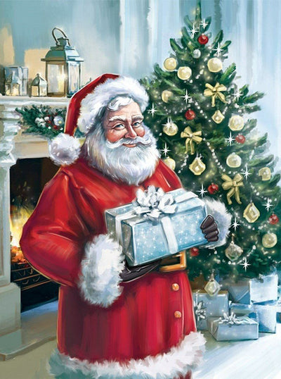 Père Noël et Cadeau Bleu Broderie Diamant
