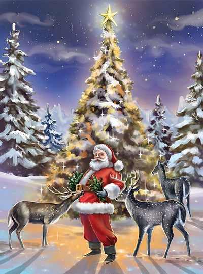 Père Noël et Cerfs Gris Broderie Diamant