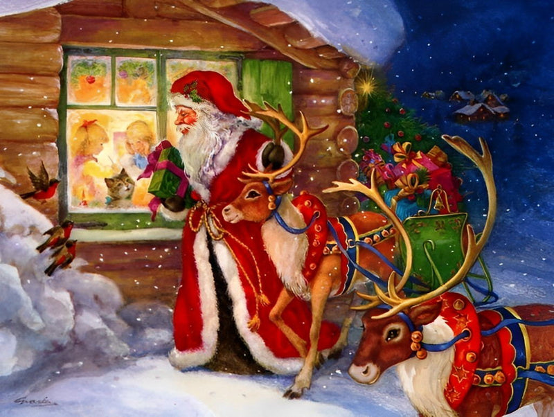 Père Noël et Chaton Broderie Diamant