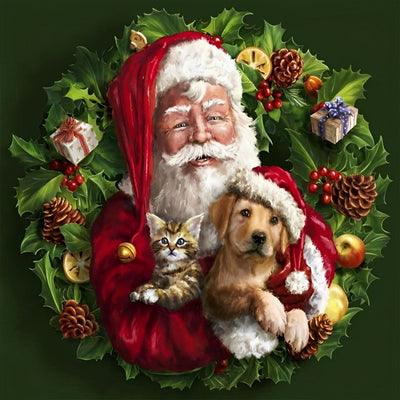 Père Noël et Chiot avec une Couronne de Fleurs Broderie Diamant