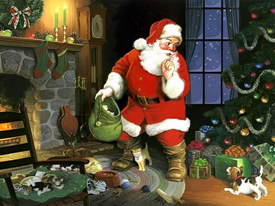 Père Noël et Chiot dans la Nuit Broderie Diamant