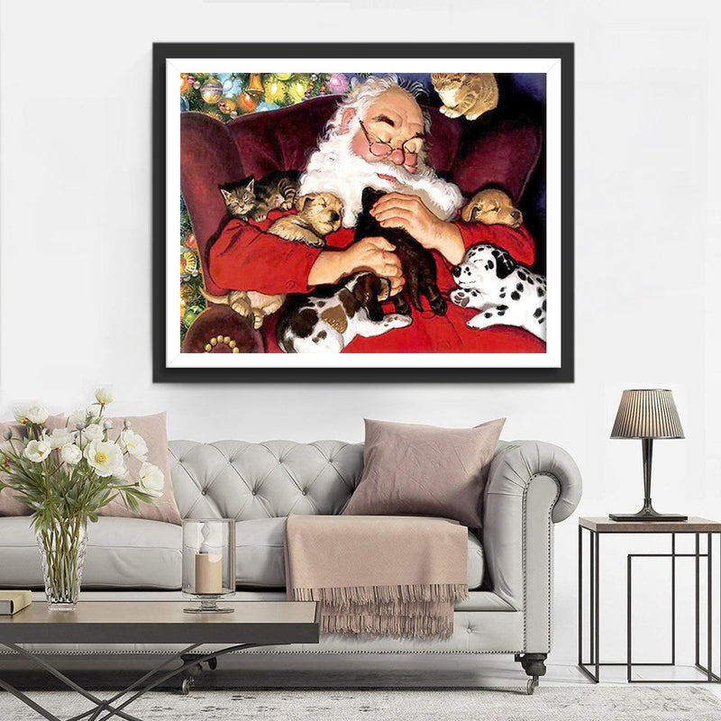 Père Noël et Chiots Broderie Diamant