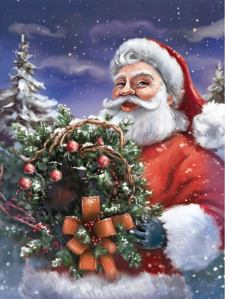 Père Noël et Couronne de Fleurs Broderie Diamant