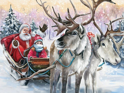 Père Noël et Enfant avec des Rennes Broderie Diamant