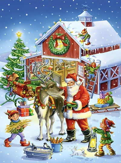 Père Noël et Enfants avec Cabane Broderie Diamant