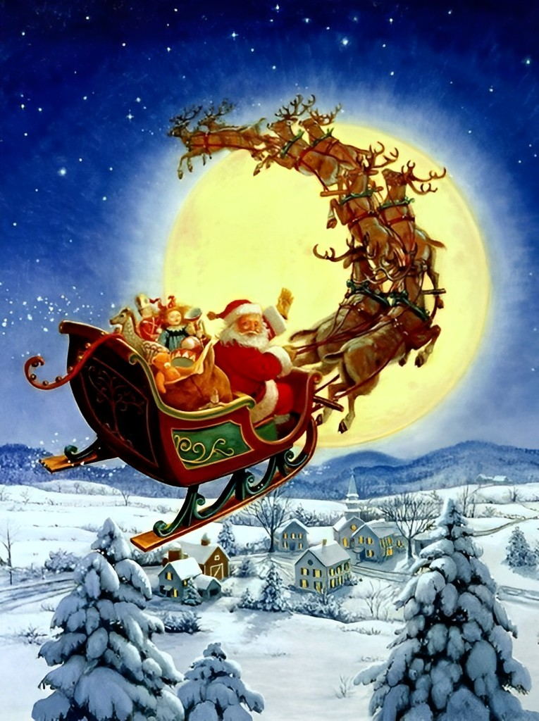 Père Noël et la Lune Eclaire Broderie Diamant