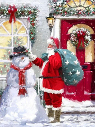 Père Noël et le Bonhomme de Neige sur le Pas de la Porte Broderie Diamant