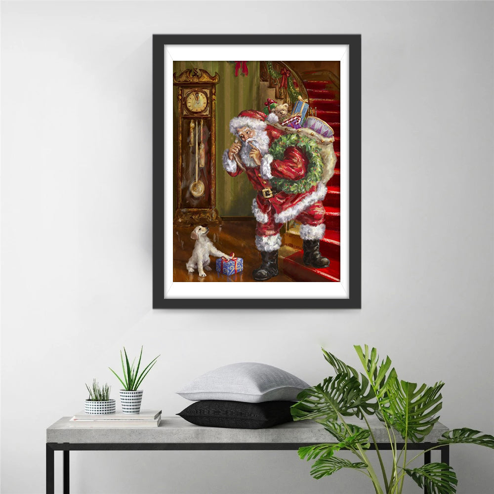 Père Noël et le Cadeau pour le Chiot Broderie Diamant