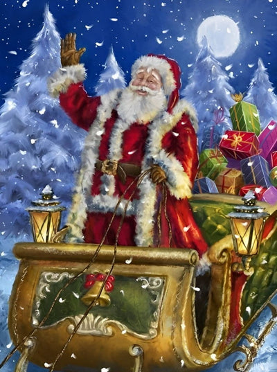 Père Noël et le Chariot de Ski Broderie Diamant