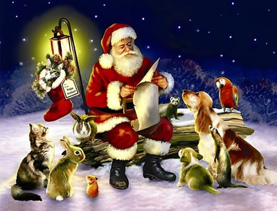 Père Noël et les Animaux Lisant des Lettres Broderie Diamant