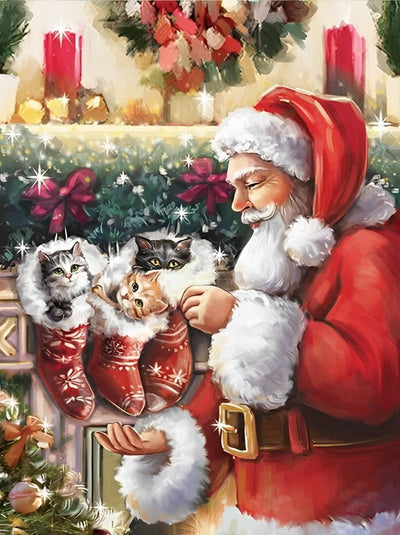 Père Noël et les Chatons dans les Bas Broderie Diamant