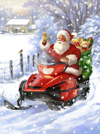 Père Noël et Motoneige Broderie Diamant