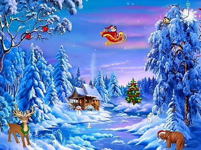 Père Noël et Petite Cabane en Bois Broderie Diamant