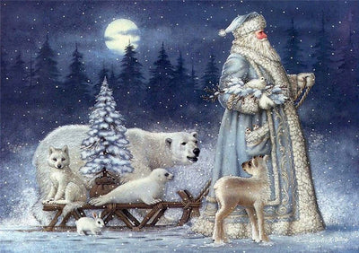 Père Noël et Renard Blanc Broderie Diamant