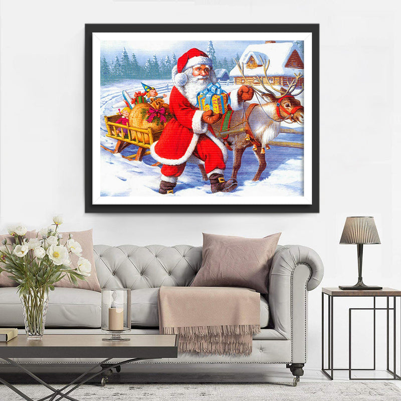 Père Noël et Renne avec des Cadeaux Broderie Diamant