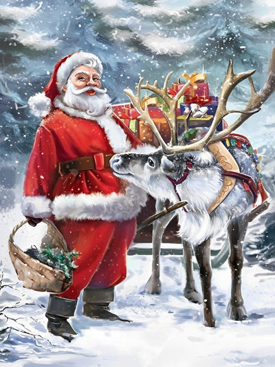 Père Noël et Renne Blanche Broderie Diamant