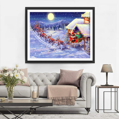 Père Noël et Rennes dans la Neige Broderie Diamant