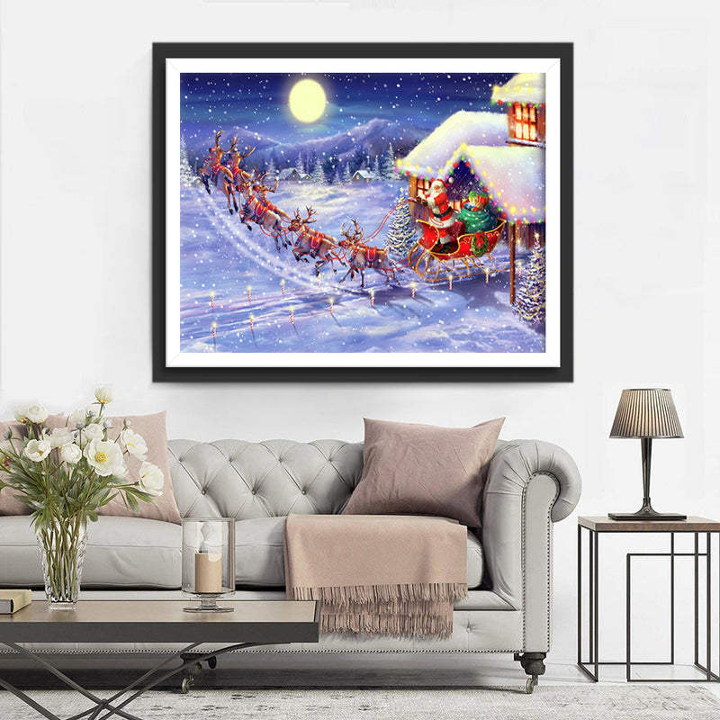 Père Noël et Rennes dans la Neige Broderie Diamant