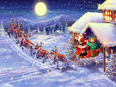 Père Noël et Rennes dans la Neige Broderie Diamant