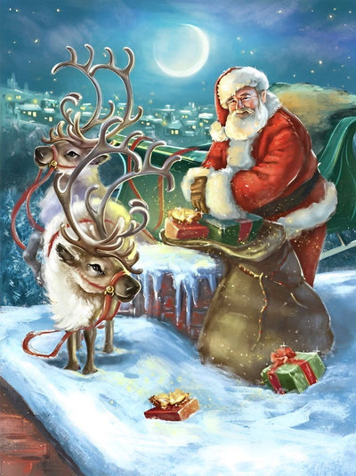 Père Noël et Rennes sur le Toit Broderie Diamant