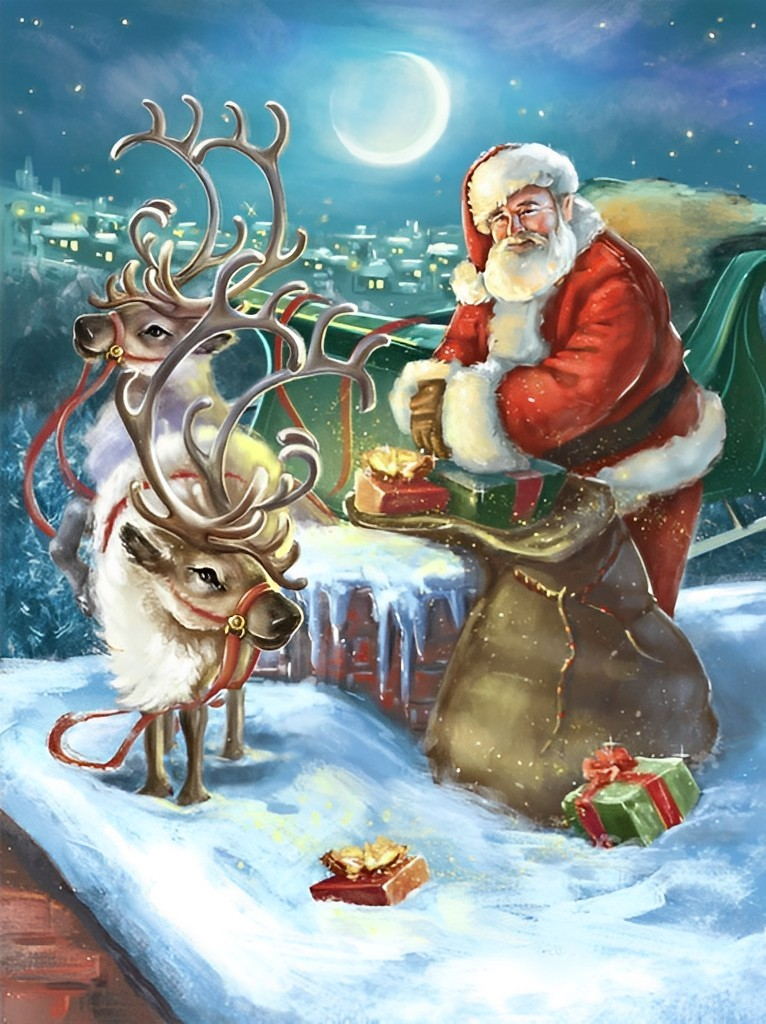 Père Noël et Rennes sur le Toit Broderie Diamant
