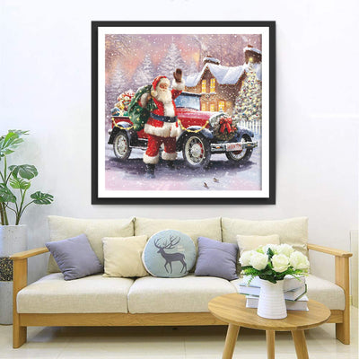 Père Noël et Voiture Rouge Broderie Diamant